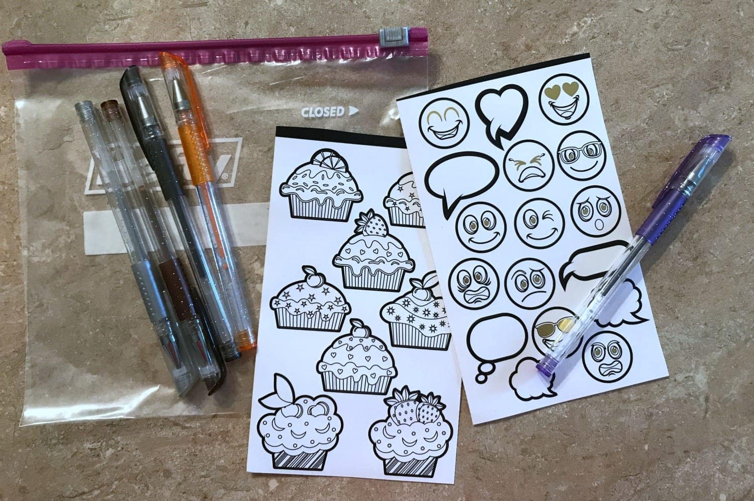 coloring stickers and gel pens